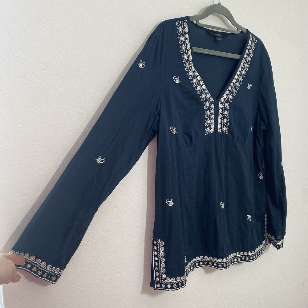 Express Womens Cotton Babydoll Bell Sleeve V Neck Sequin Top Size L Y2K Fairy - Picture 3 of 12